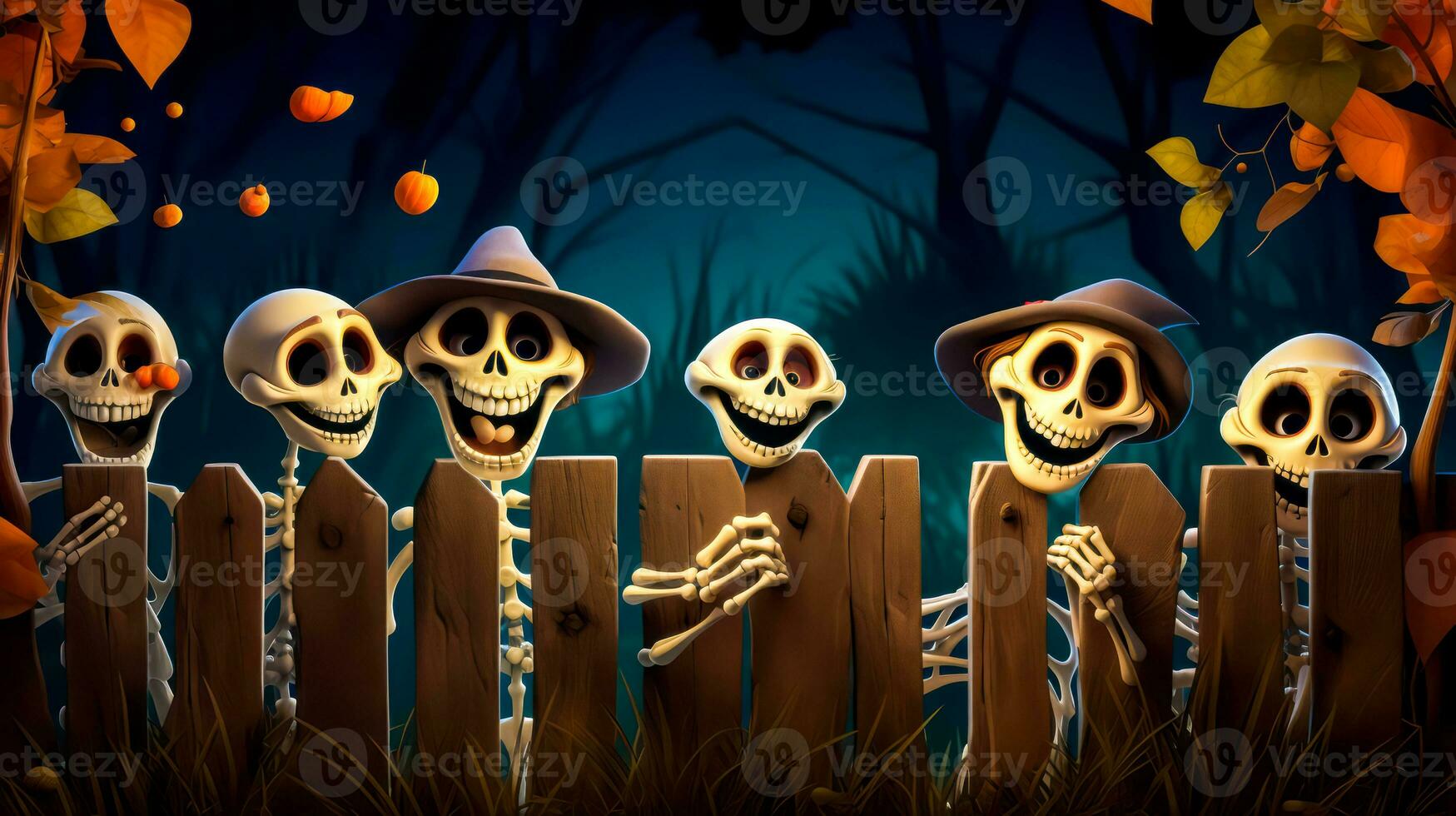 Three skeletons in halloween costumes behind fence with pumpkins in the background. Generative AI photo