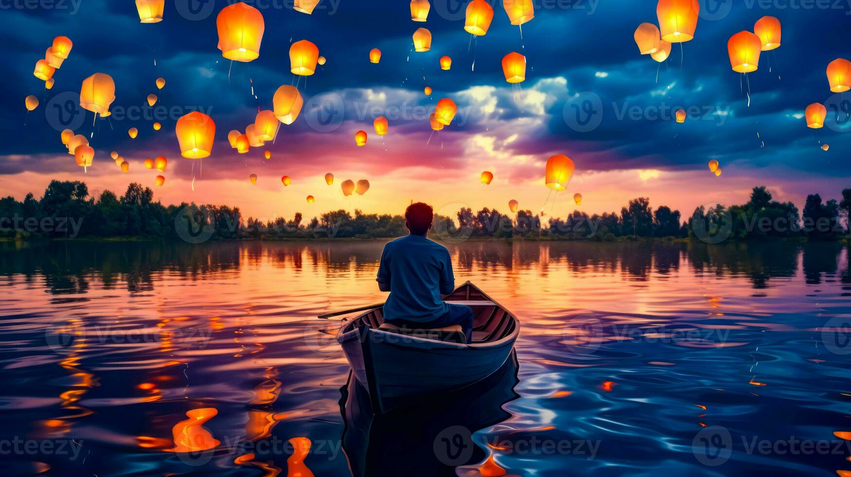 Man in rowboat floating on top of lake surrounded by floating lanterns. Generative AI photo