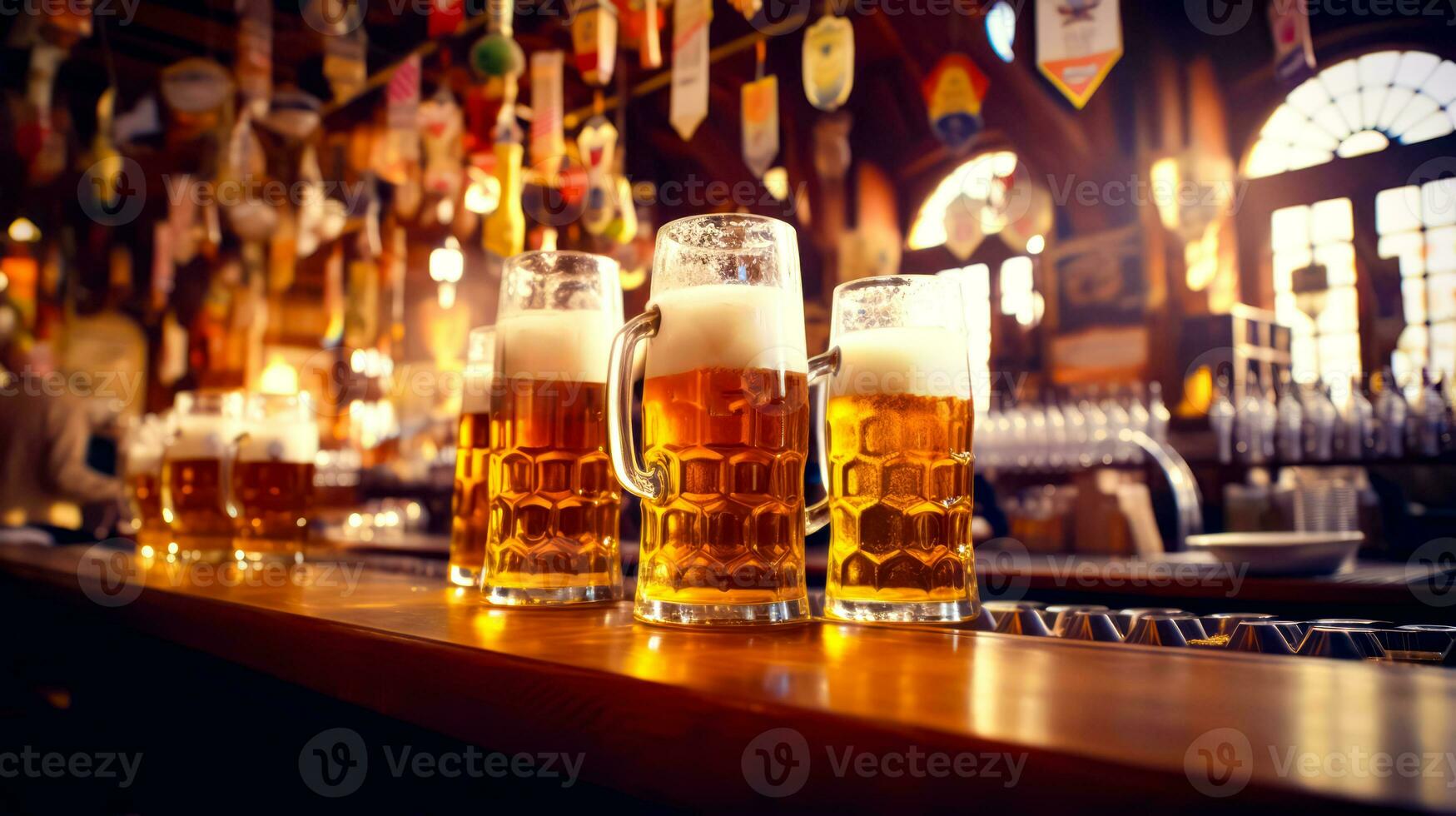 Two mugs of beer sitting on bar with lights in the background. Generative AI photo