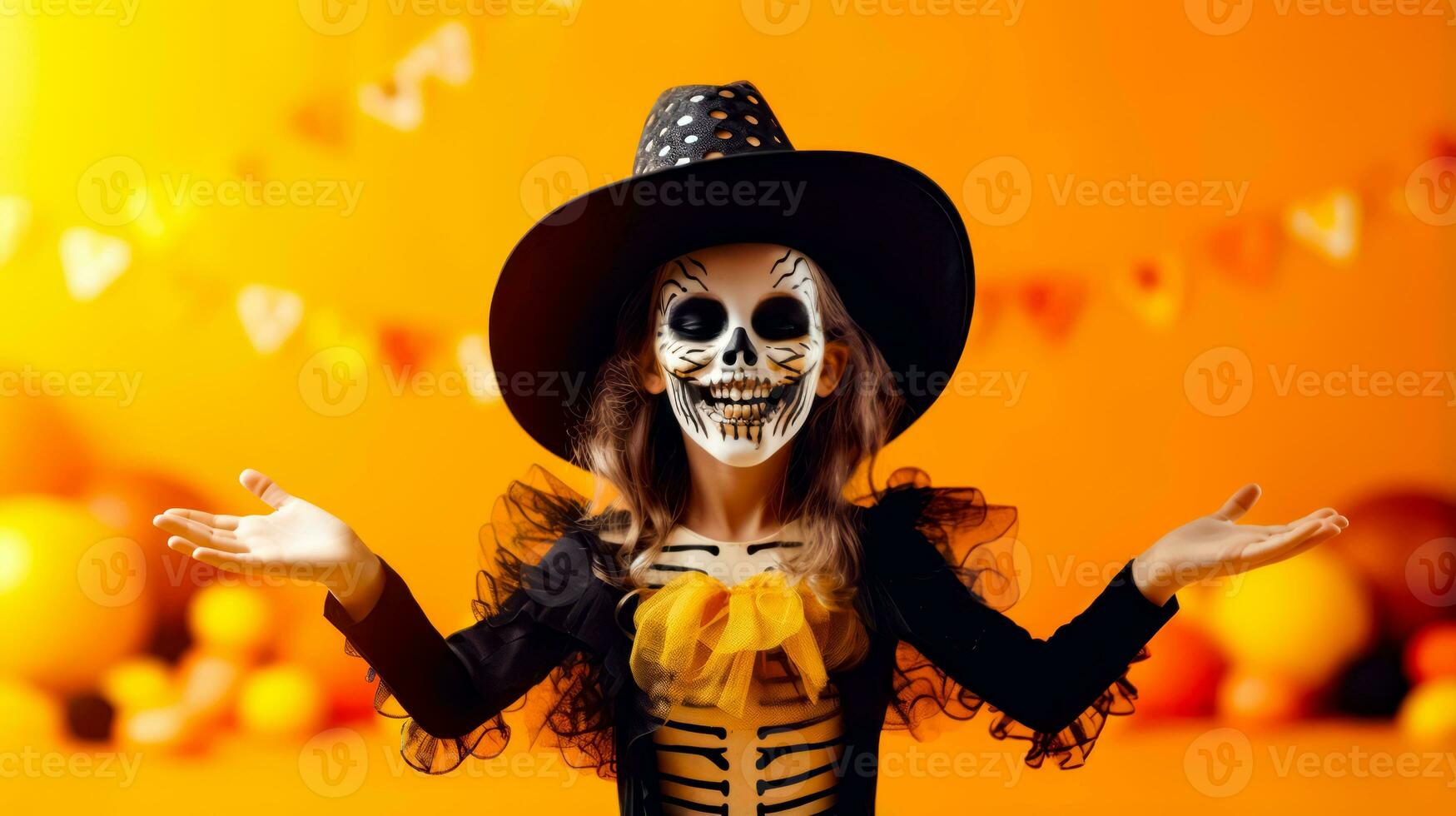 Woman in skeleton costume with her arms out and hat on her head. Generative AI photo