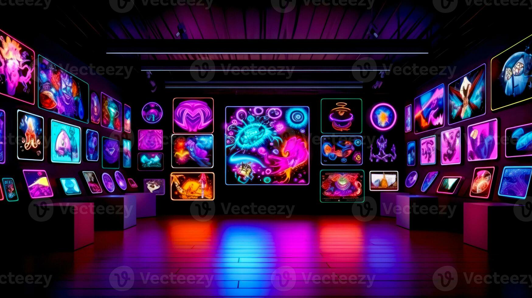 Brightly lit room with lot of neon lights on the wall and pictures on the wall. Generative AI photo