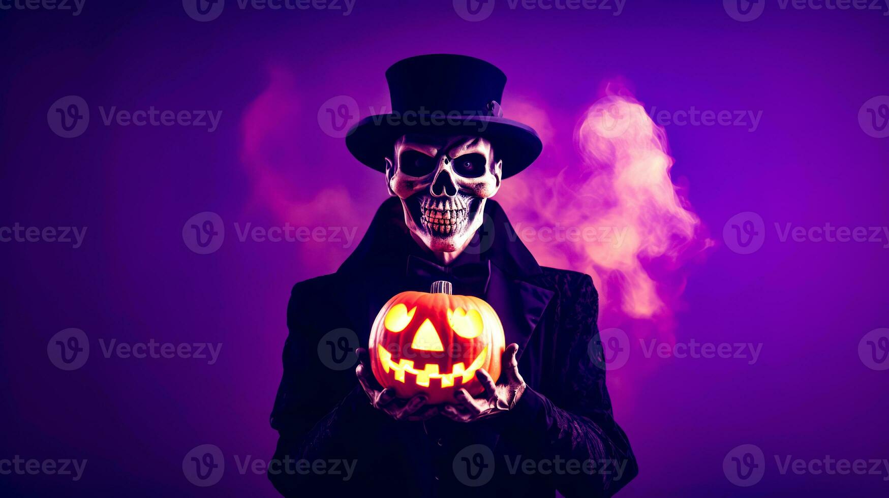 Skeleton wearing top hat and holding jack o lantern in his hands. Generative AI photo