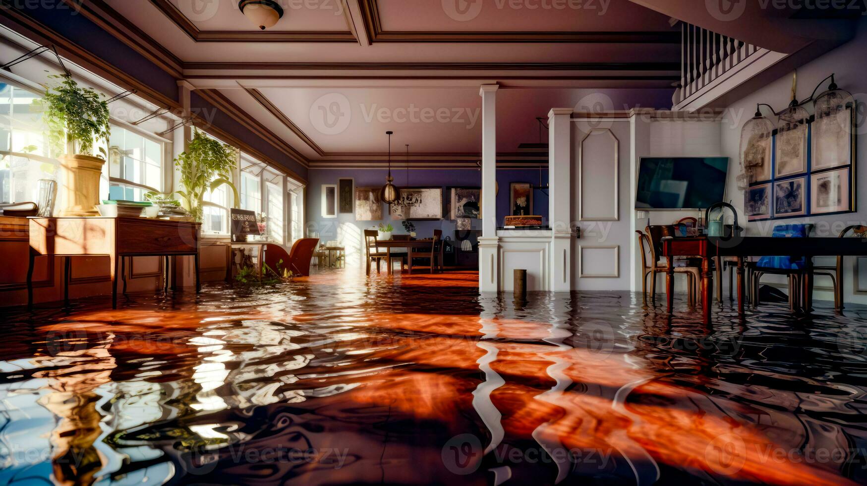 Flooded living room filled with furniture and dining room table and chairs. Generative AI photo