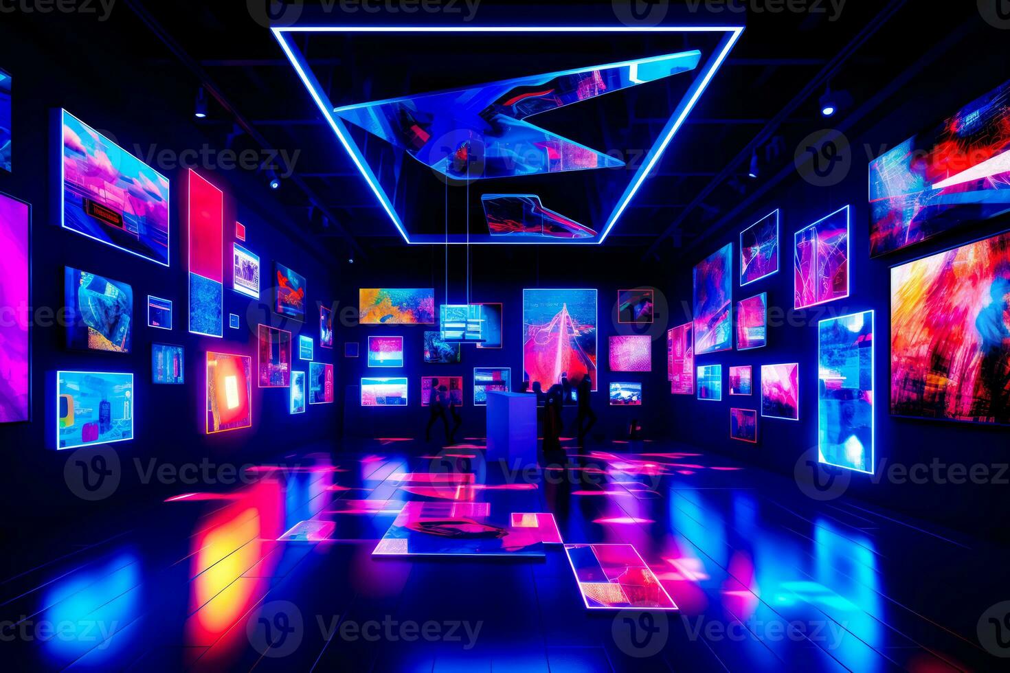 Brightly lit room with lot of pictures on the walls and floor. Generative AI photo