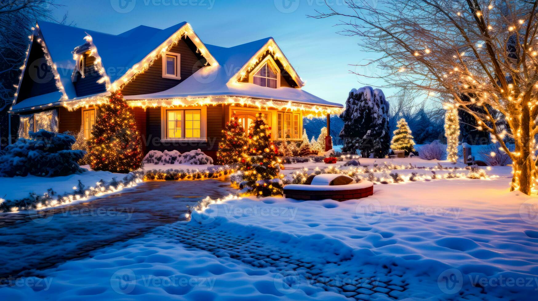 casa cubierto en Navidad luces con nieve en el suelo y arboles en frente de él. generativo ai foto