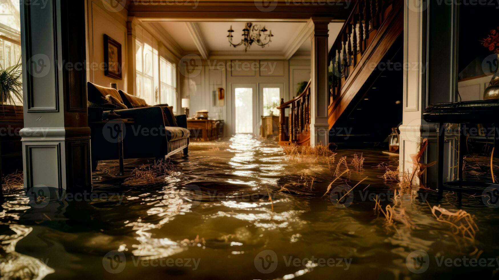 Flooded living room with couch and chandelier hanging from the ceiling. Generative AI photo