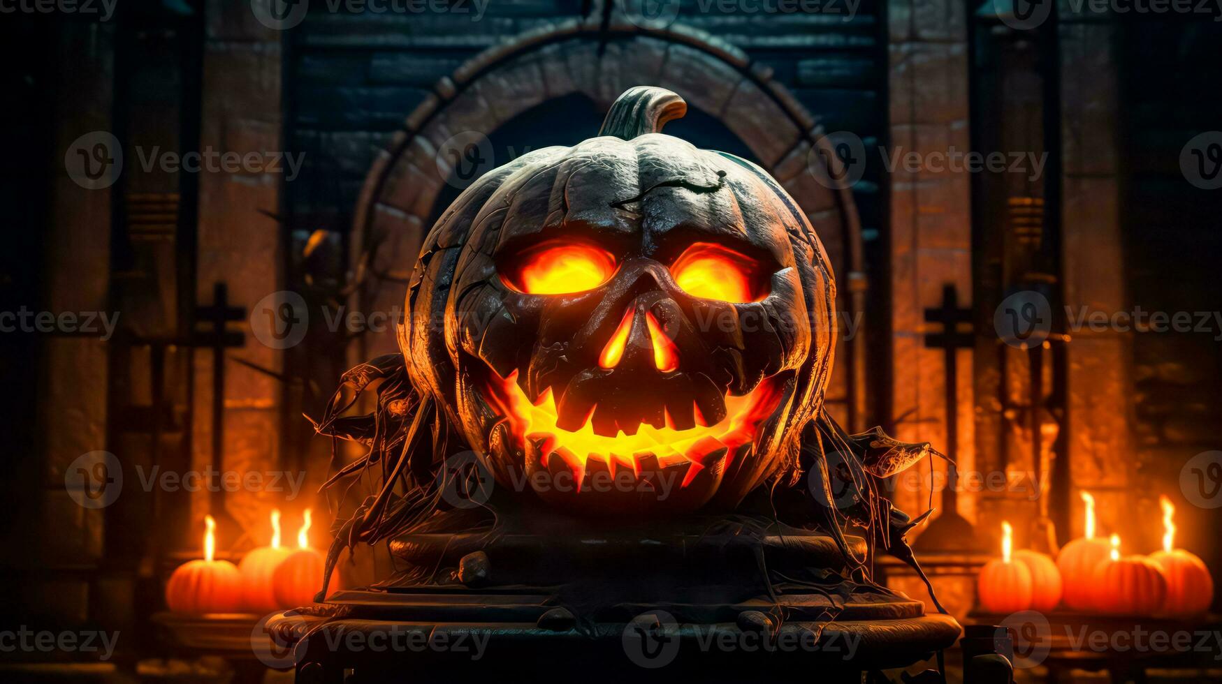 Carved pumpkin with glowing eyes in front of building with gate. Generative AI photo