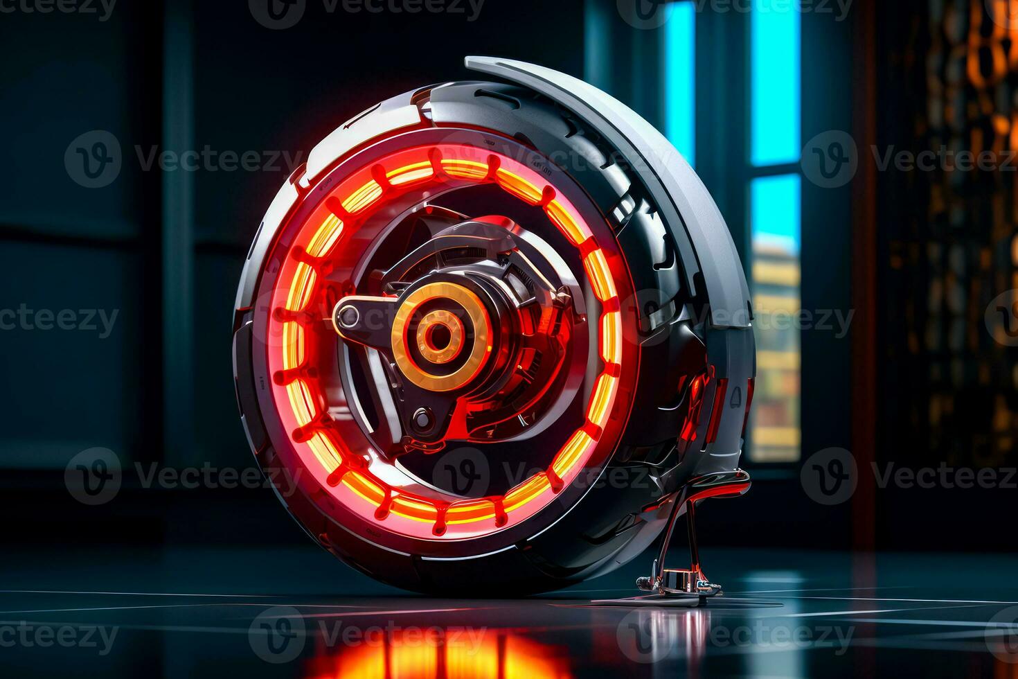Close up of robot wheel on shiny surface with reflection on the floor. Generative AI photo