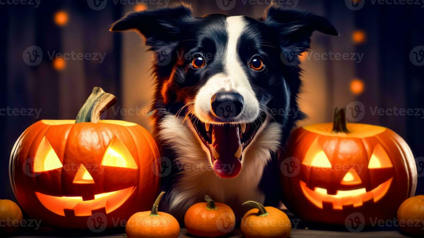 Black and white dog sitting next to pumpkins and jack - o - lanterns. Generative AI photo