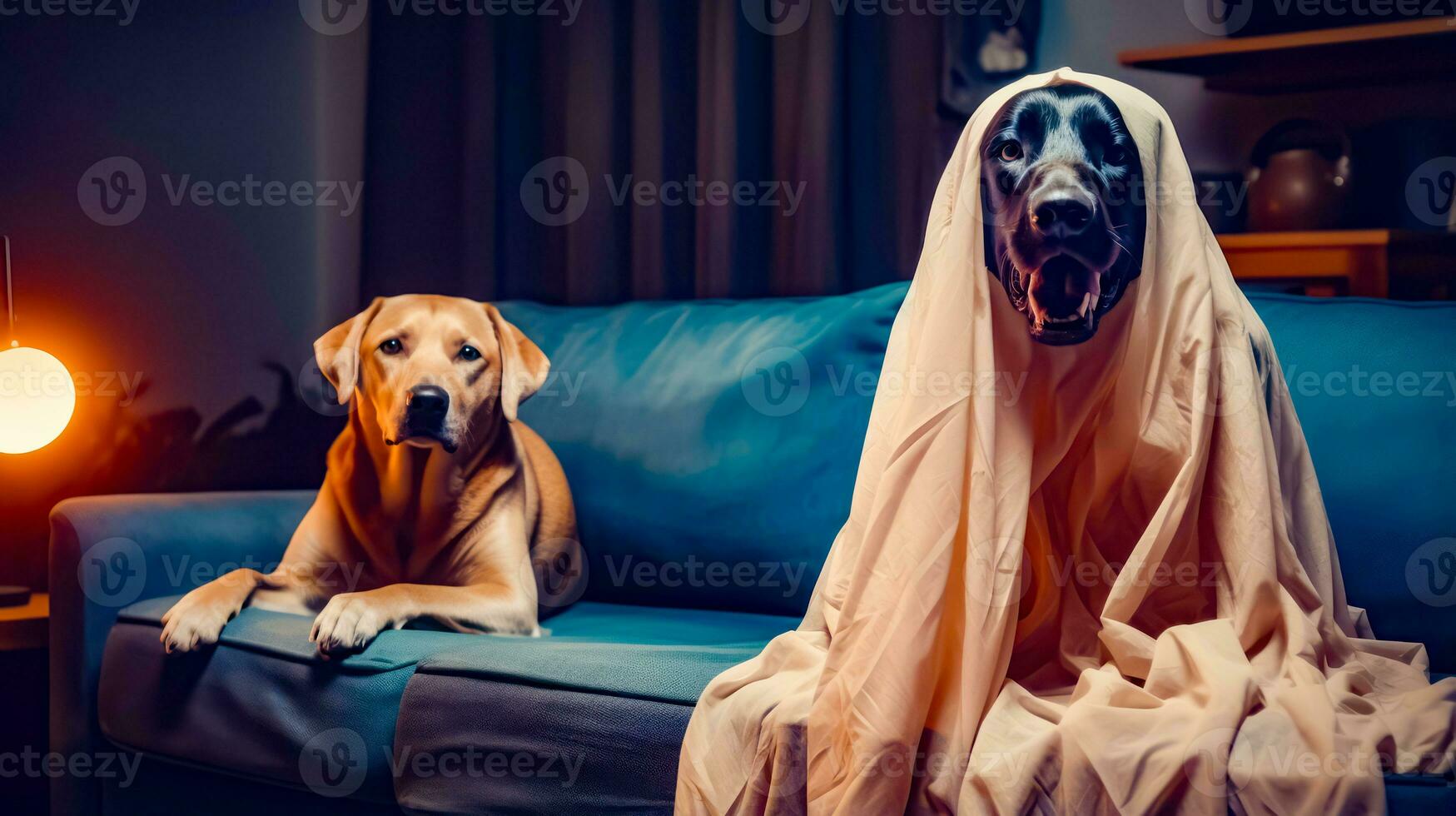 Two dogs sitting on couch with blanket over them's heads. Generative AI photo