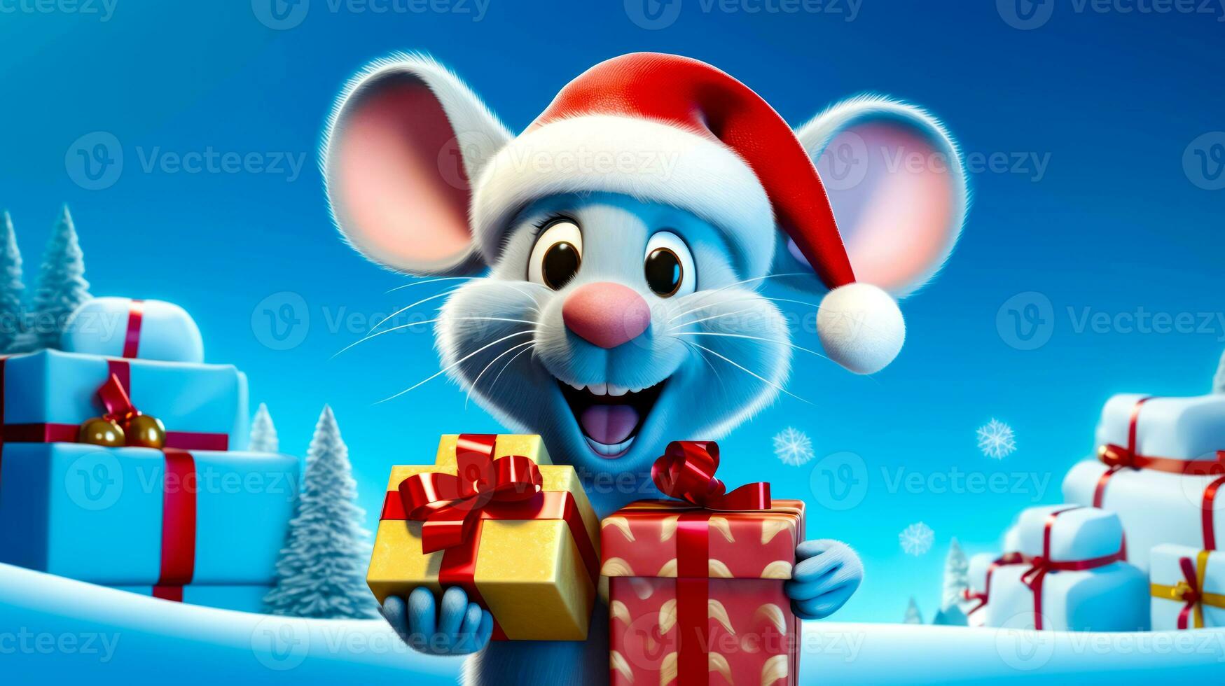 Cartoon mouse with santa hat holding gift box in the snow. Generative AI photo