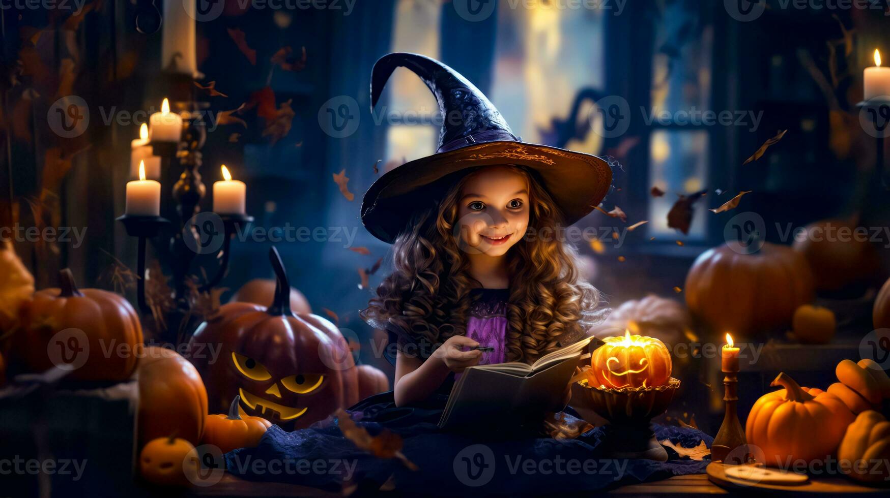 Little girl dressed as witch reading book in room full of pumpkins. Generative AI photo