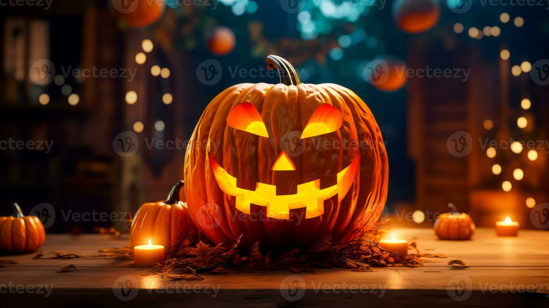 Carved pumpkin sitting on top of table next to lit candle. Generative AI photo