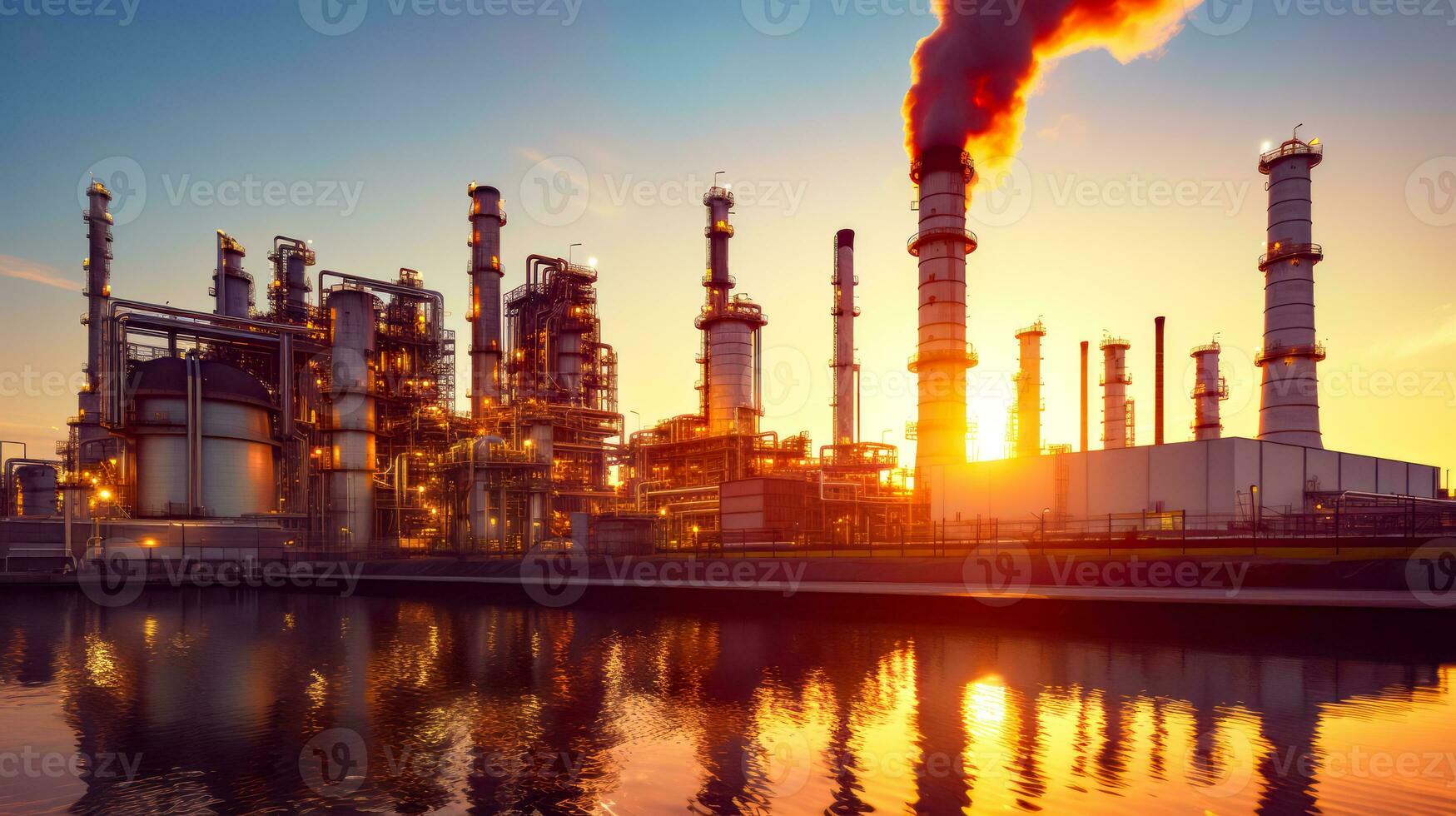 Large factory with lot of smoke coming out of it's stacks. Generative AI photo