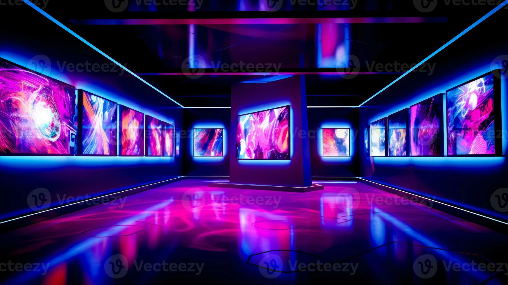 Brightly lit room with multiple televisions on the wall and floor. Generative AI photo