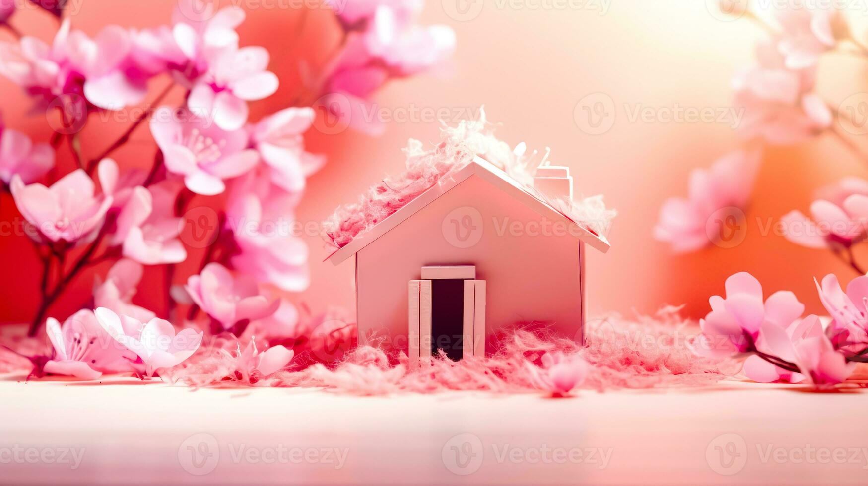 Small pink house sitting on top of table next to pink flowers. Generative AI photo