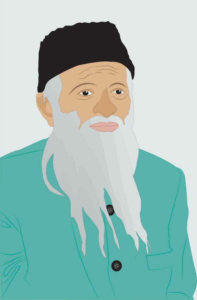Pakistani Old man with long white beard wearing Muslim cap and Shalwar kameez vector
