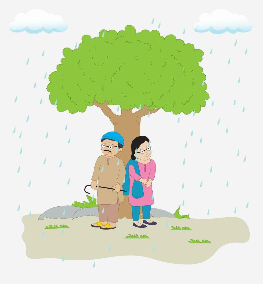 Grandfather and Grandmother are standing under the tree vector