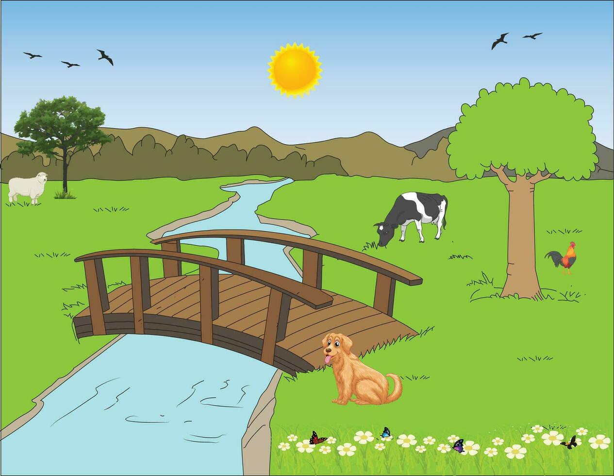 paisaje ver con río, vaca, oveja perro, mariposa, césped, flores, árbol, montañas, aves y puente vector