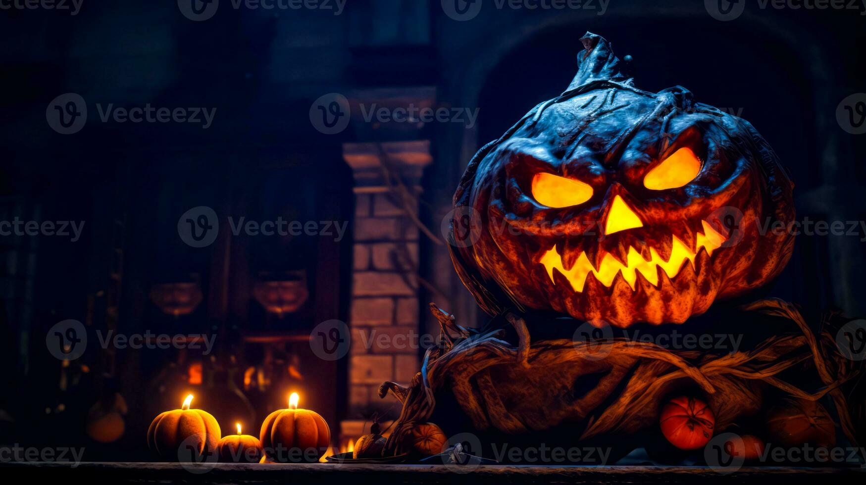 Carved pumpkin sitting on top of table with candles in front of it. Generative AI photo