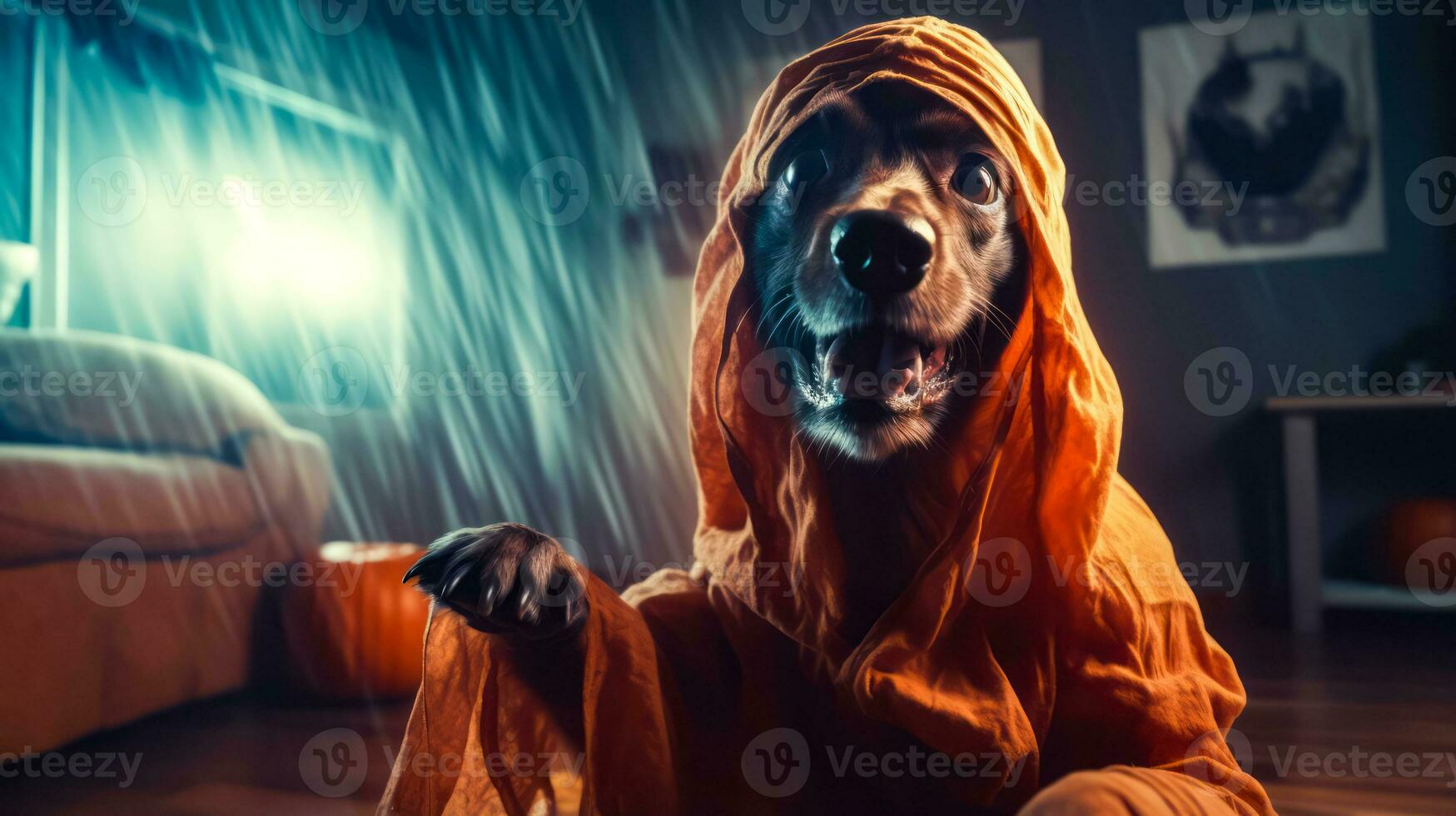 Dog in raincoat is sitting in the rain with it's paws in the air. Generative AI photo