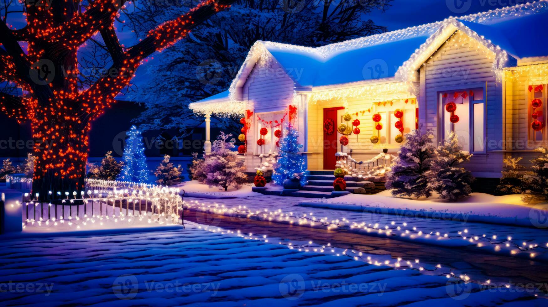 casa con Navidad luces y decoraciones en es frente yarda a noche. generativo ai foto