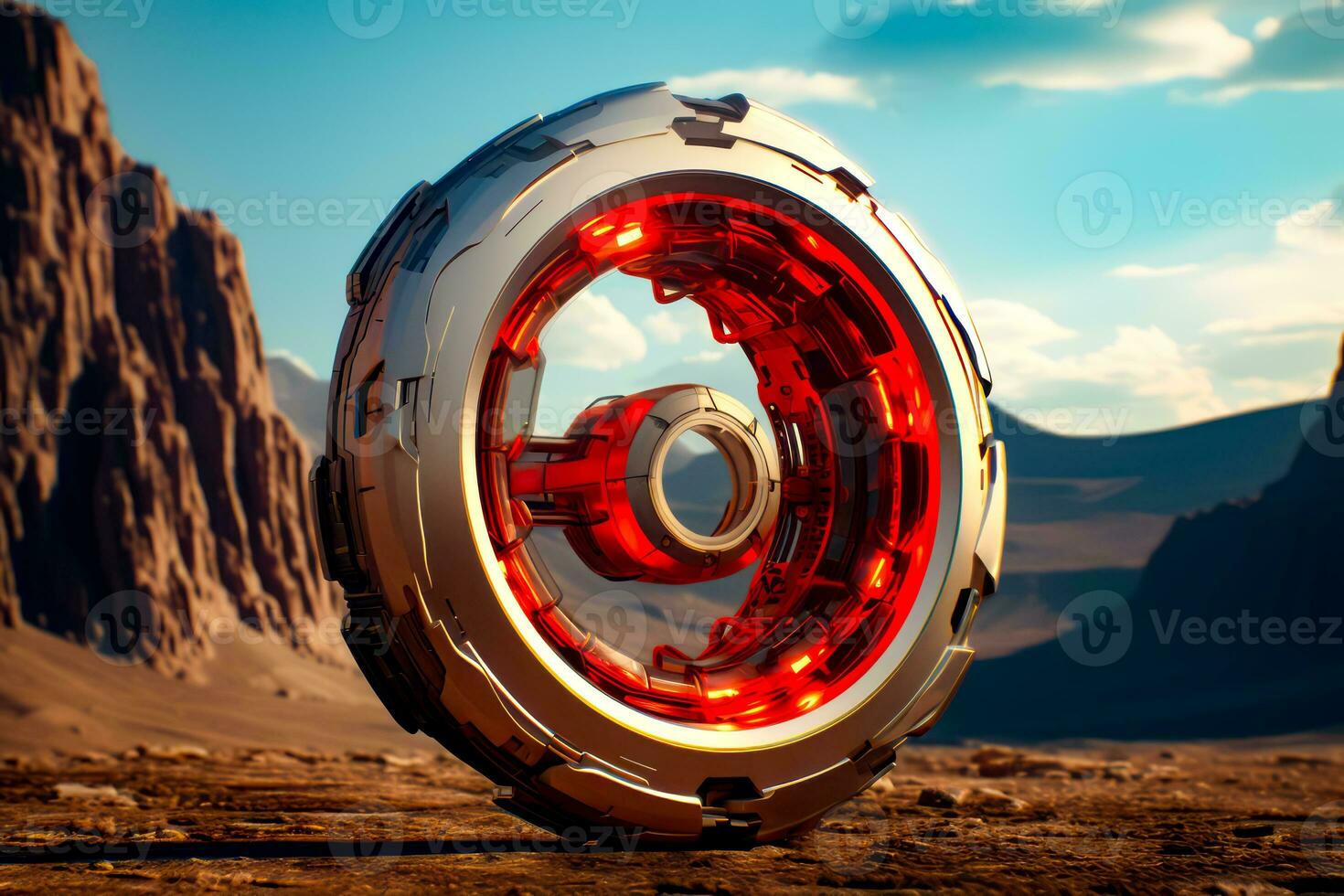 Close-up of a futuristic monowheel with red and yellow lights on it.. Generative AI photo