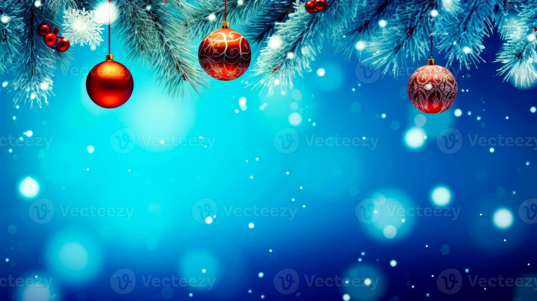 Christmas tree branch with ornaments hanging from it's branches on blue background. Generative AI photo