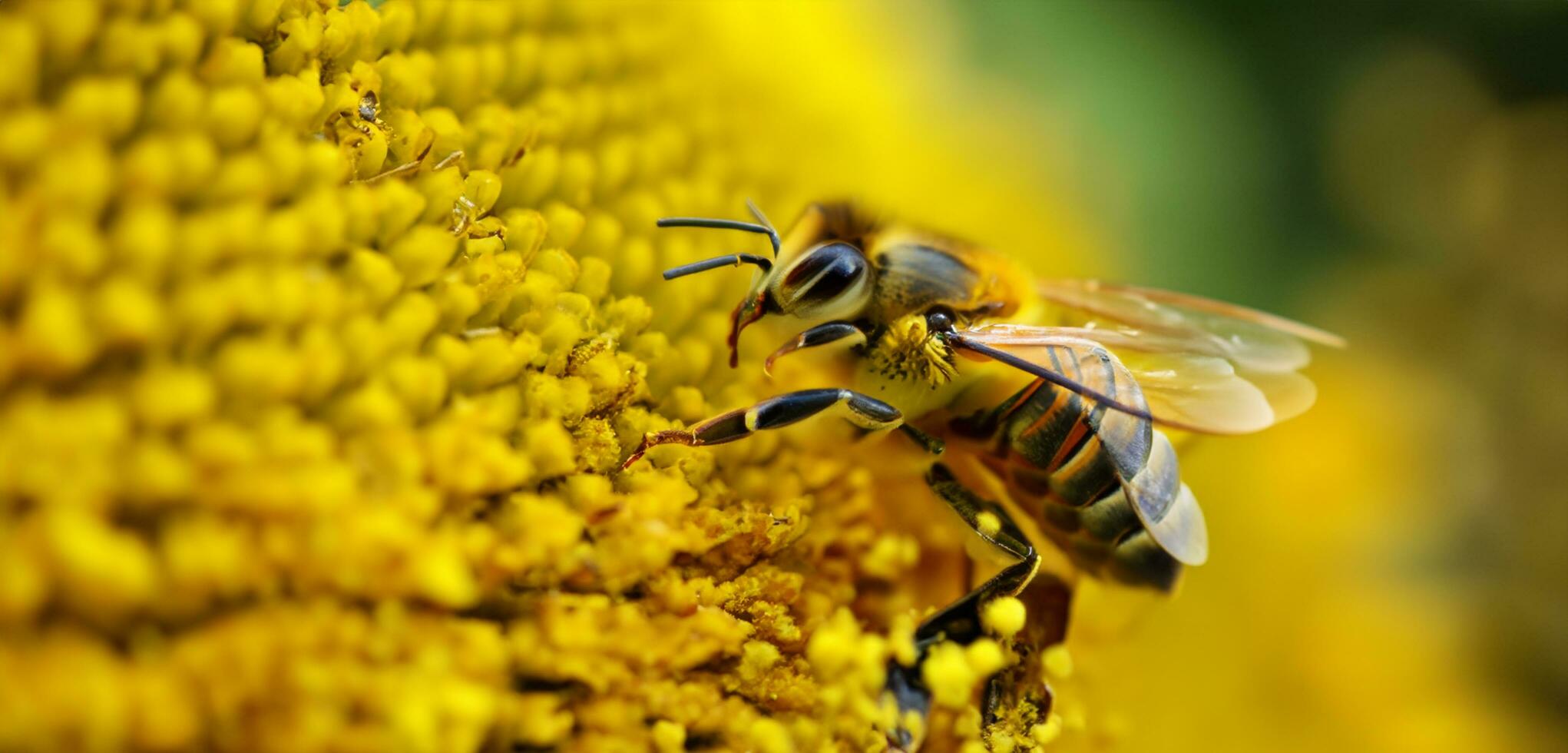 Bees suck pollen from flowers Close up photo Macro photo of an insect wasp