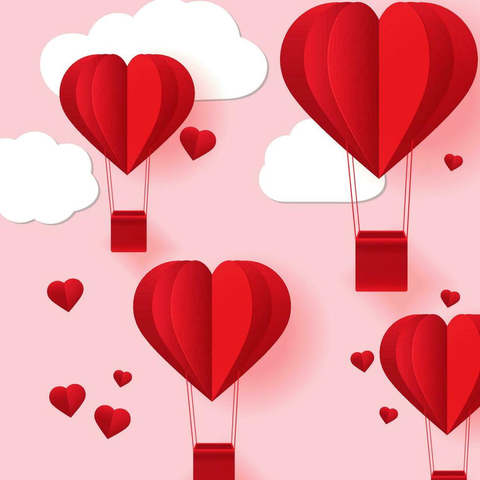 caliente aire globos en el cielo. rojo corazón forma. de san valentin día. diseño elemento para fondos de pantalla, saludo tarjetas, enamorado tarjetas vector ilustración