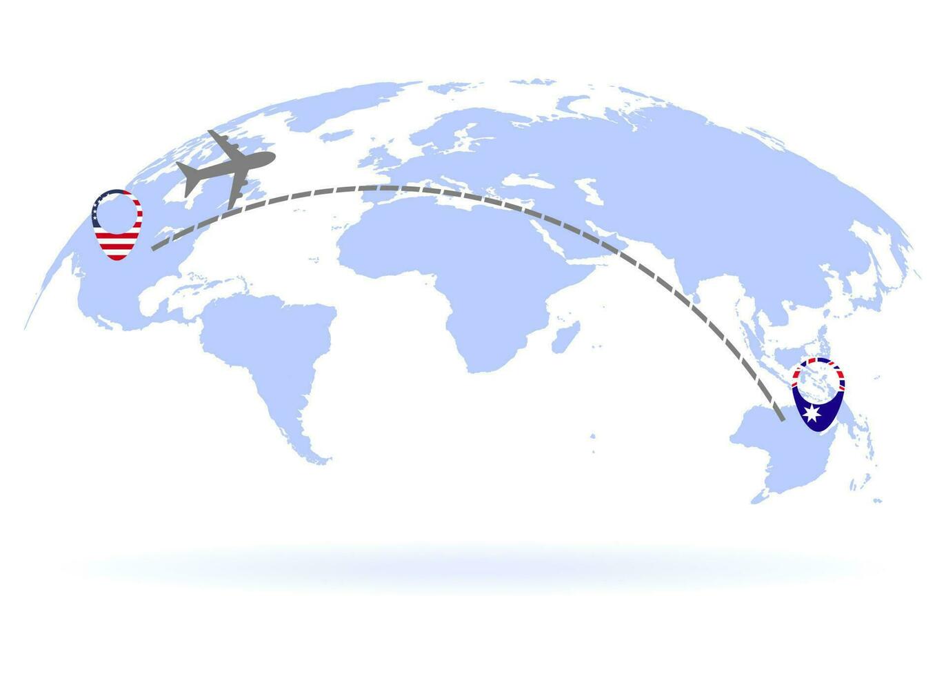 Flight from USA to Australia above world map. Airplane arrives to Australia. The world map. Airplane line path. Vector illustration. EPS 10