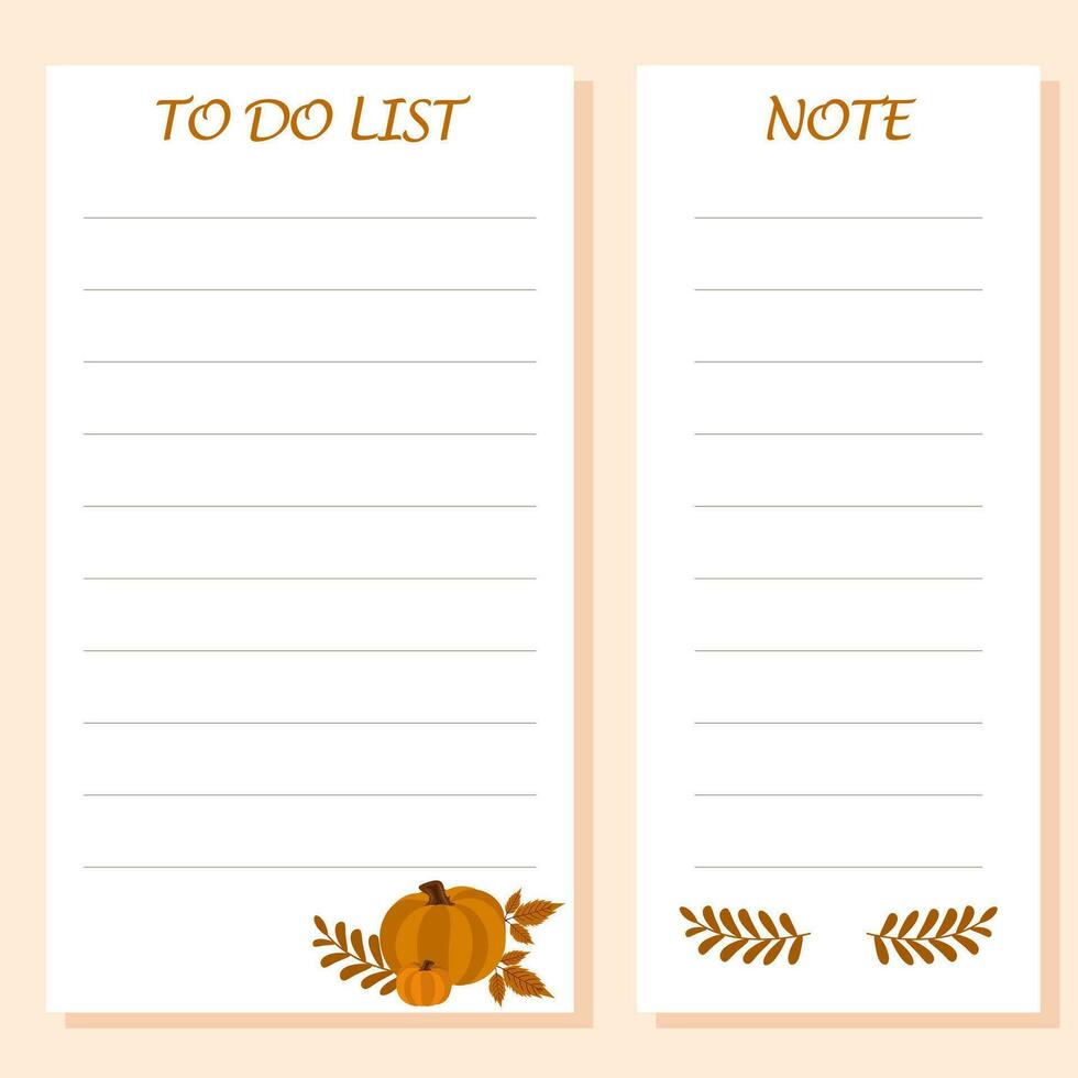 plantillas a hacer lista, diario planificador, planificador, Lista de Verificación, Nota en otoño temas calabaza y otoño hojas. otoño composición. vector ilustración