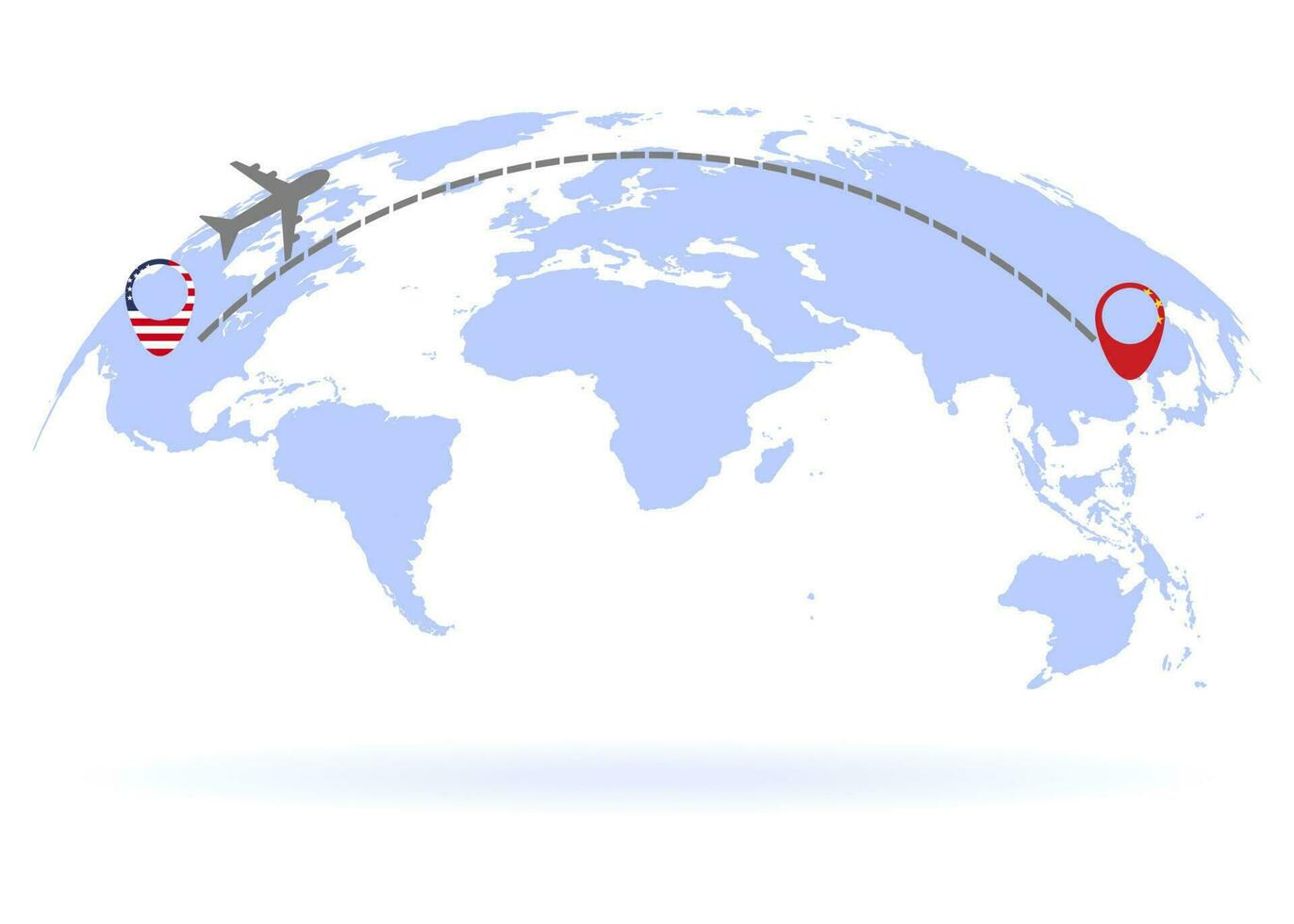 Flight from USA to China above world map. Airplane arrives to China. The world map. Airplane line path. Vector illustration. EPS 10