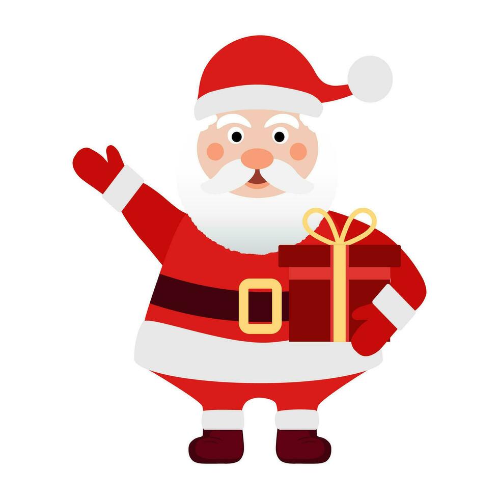 Funny Santa claus with gift box. Merry Christmas and Happy New Year greeting card. Vector illustration