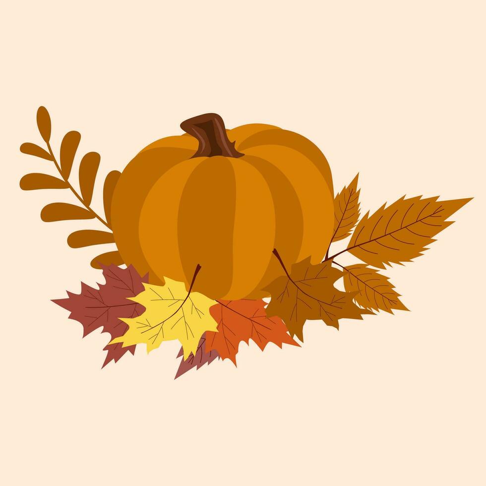 Pumpkin and autumn leaves. Autumn composition. Vector illustration