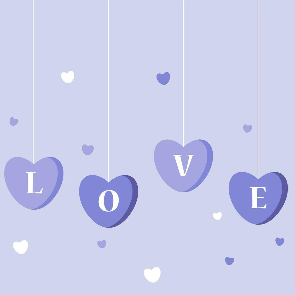 Flying letters in the sky. Valentin's Day. Heart form. Text Love. Design element for wallpapers, wedding invitations, greeting cards, valentine cards in very peri color. Vector illustration