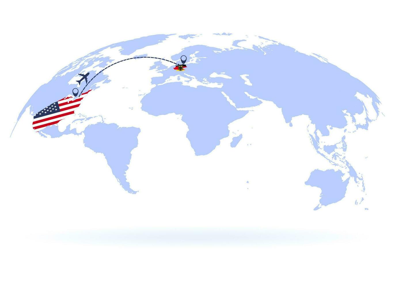 Flight from USA to Germany above world map. Airplane arrives to Germany. The world map. Airplane line path. Vector illustration. EPS 10