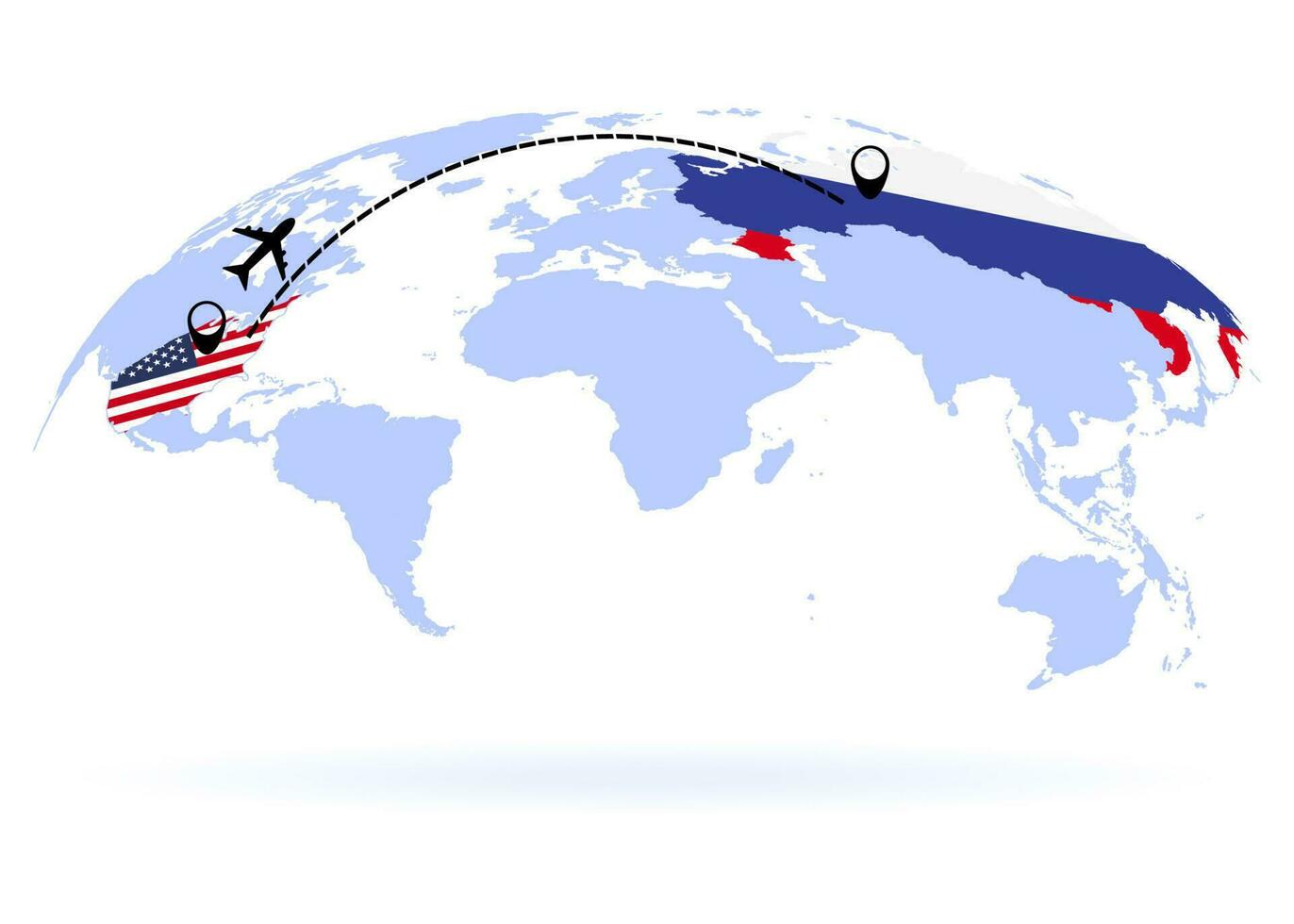 Flight from USA to Russia above world map. Airplane arrives to Russia. The world map. Airplane line path. Vector illustration. EPS 10