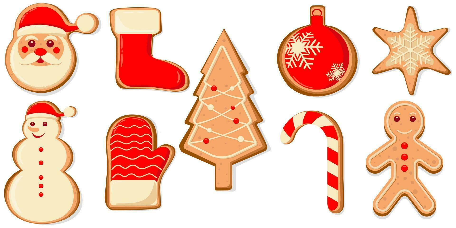 Christmas gingerbread cookies, winter holiday food. Christmas tree, candy cane, santa claus, christmas toy, mitten, snowman, Christmas stocking, star shape, gingerbread man. Vector illustration