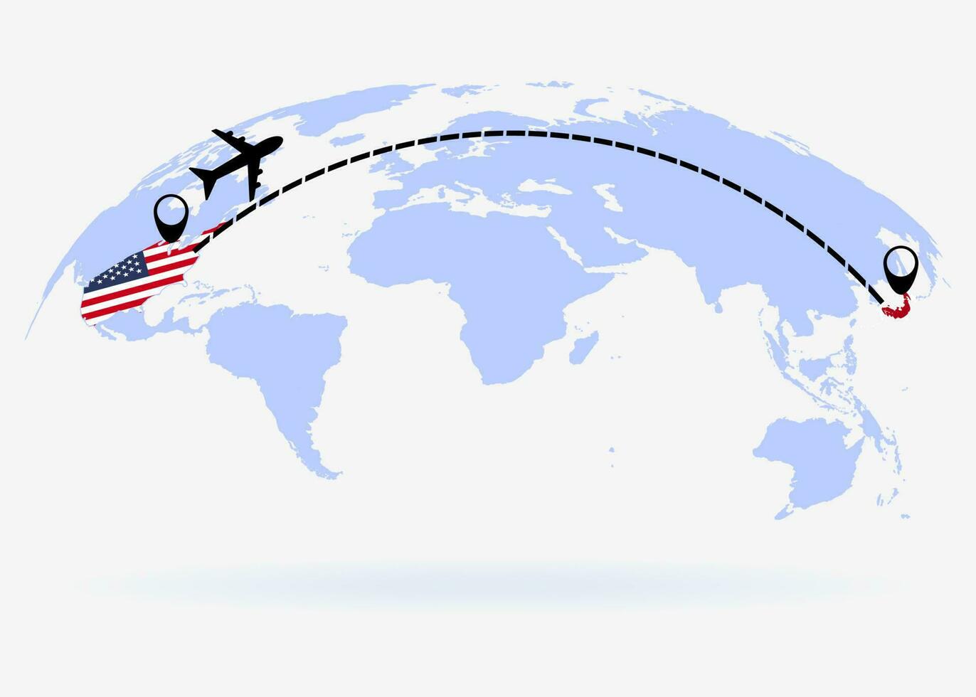 Flight from USA to Japan above world map. Airplane arrives to Japan. The world map. Airplane line path. Vector illustration. EPS 10