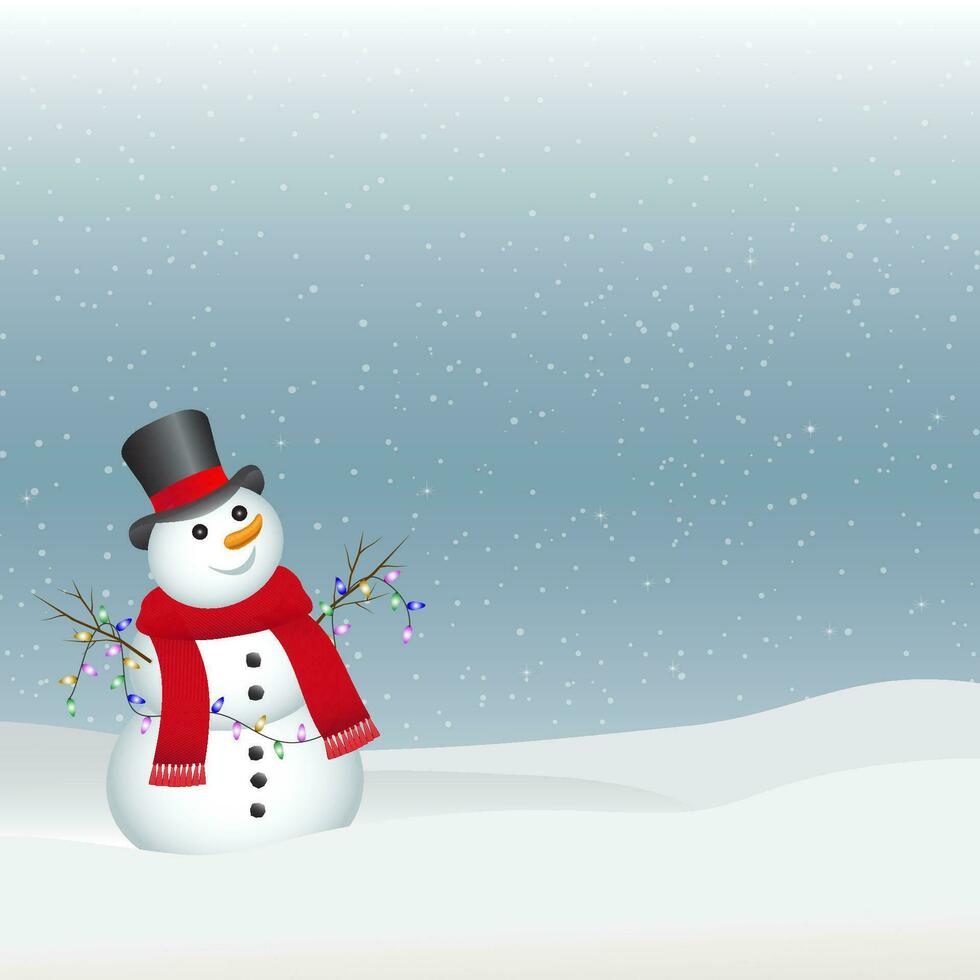 Snowman with hat and scarf. Snowing. Merry Christmas vector