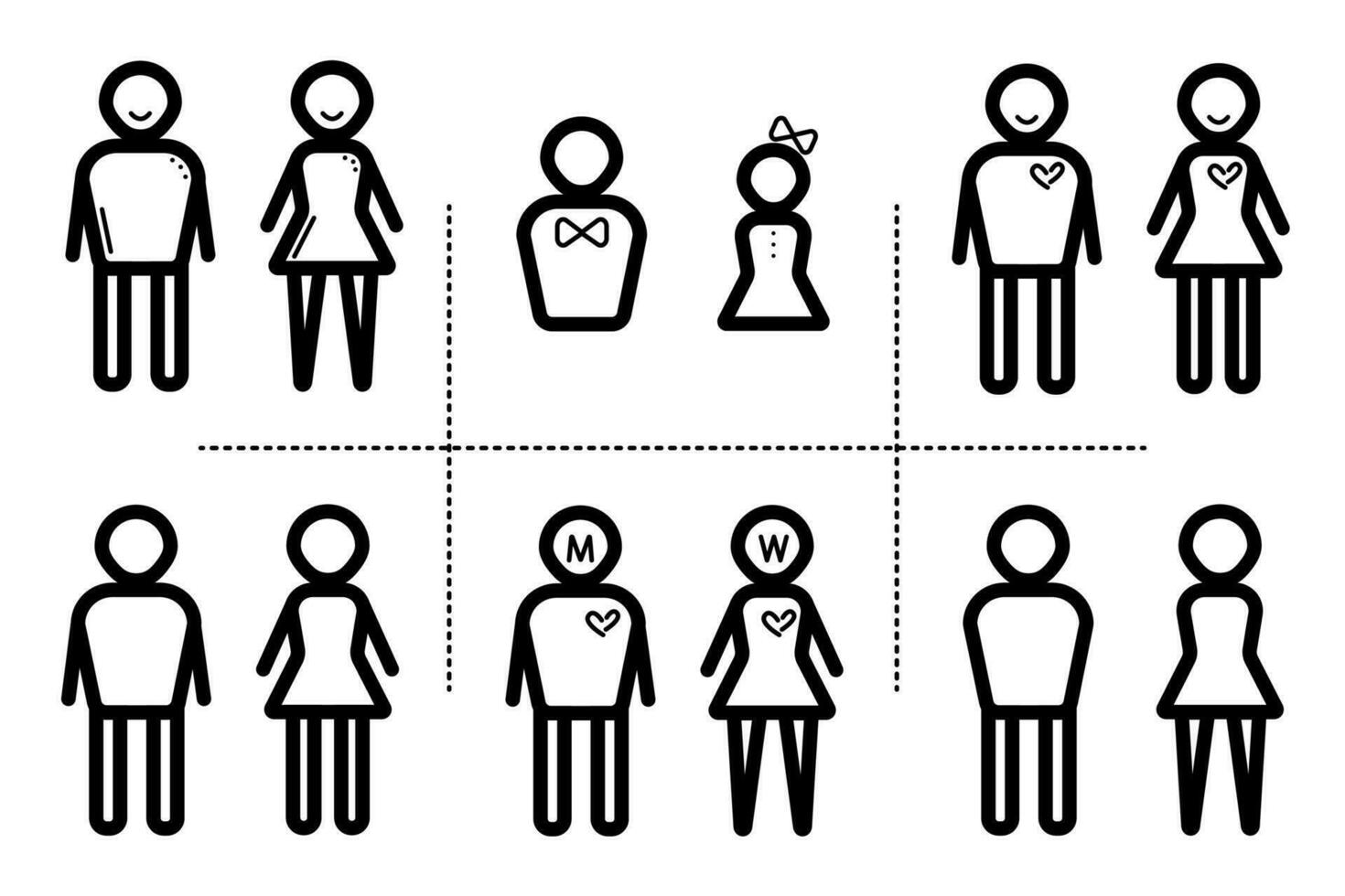 mujer y hombre negro línea icono colocar, masculino y hembra símbolos, vector pictogramas de Pareja