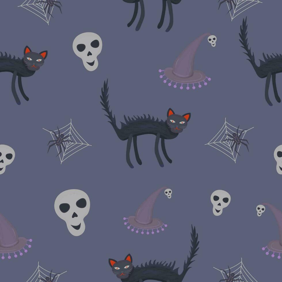 Scary and cute Halloween seamless pattern, vector illustration with blue background