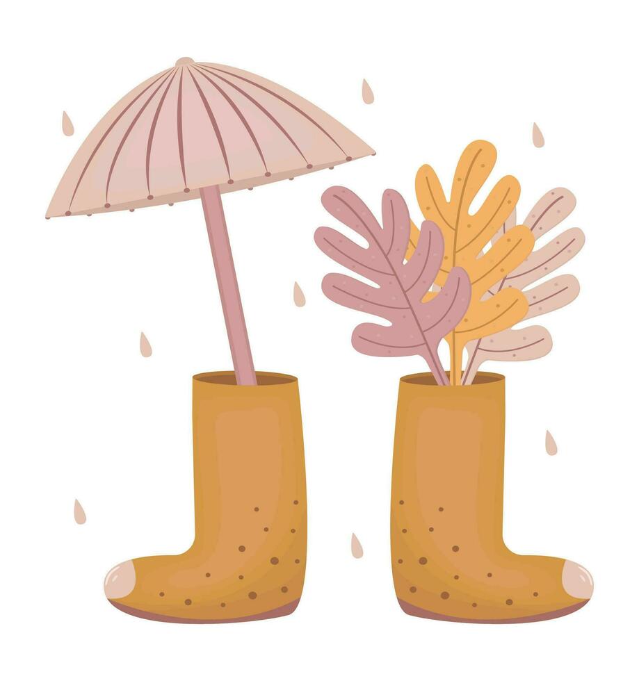 Autumn illustration of boots with fall colorful leaves and umbrella, color atmospheric vector in boho style