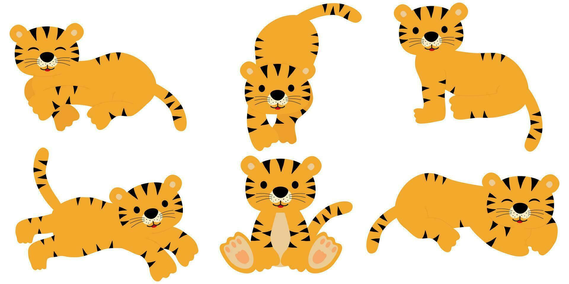 conjunto de linda Tigre en diferente posa el Tigre soportes, mentiras, va, se sienta, duerme, saltos. vector ilustración