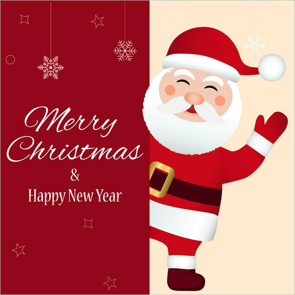 Merry Christmas and Happy New Year greeting card. Funny Santa claus with big signboard. Christmas illustration vector
