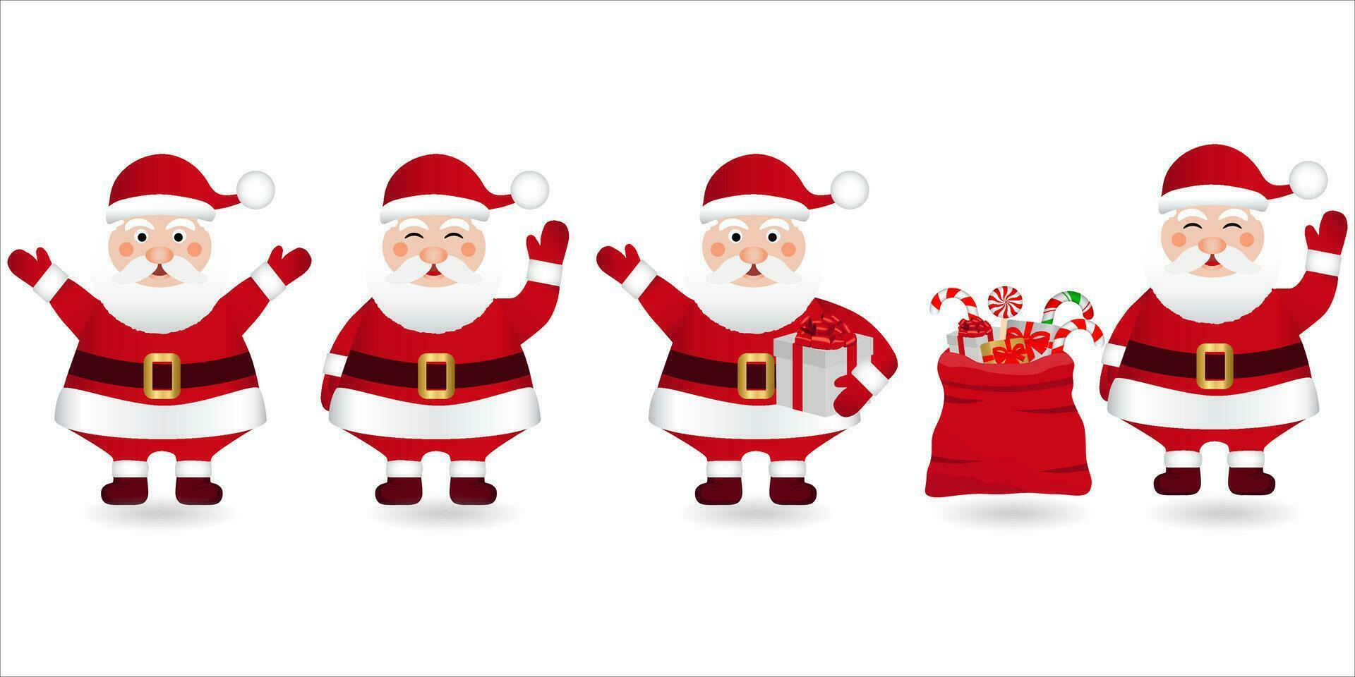 Merry Christmas and Happy New Year greeting card. Set of Funny Santa claus. Santa claus with big sack of gifts. Christmas illustration vector