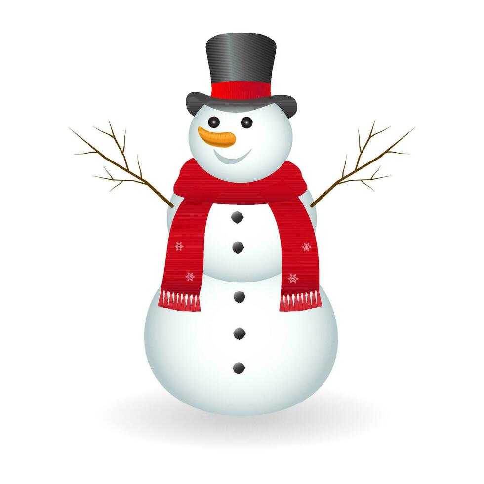 Snowman with hat and scarf. Snowing. White background. Vector illustration.