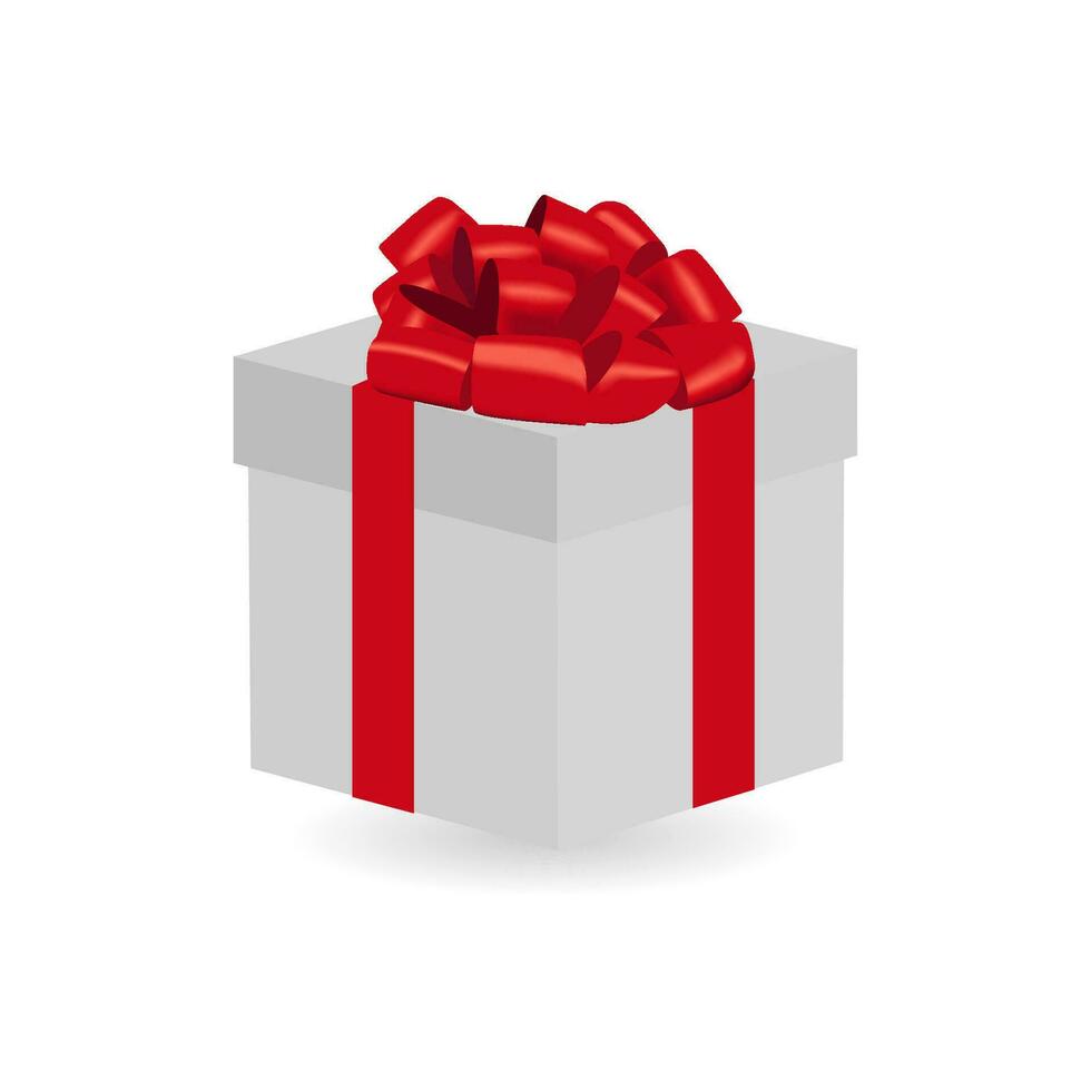 Gift box with red ribbon. Greeting present package. Realistic 3d style. White background. Vector illustration. EPS 10