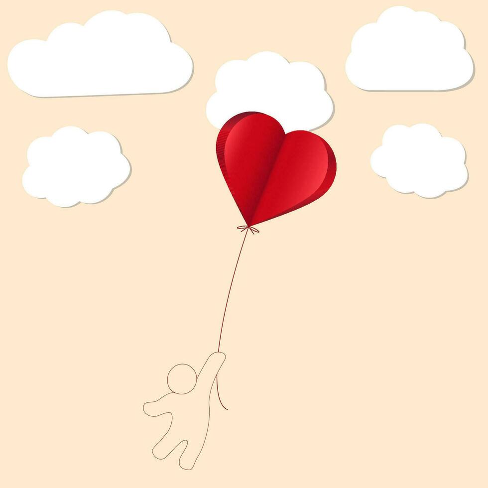 Flying person with heart red balloon in the sky. Valentin's Day. Heart form. Design element for wallpapers, wedding invitations, greeting cards, valentine cards. Vector illustration. EPS 10